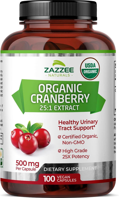Zazzee USDA Organic Cranberry 25:1 Extract, 12,500 mg Strength, 100 Vegan Capsules, Certified Organic, Non-GMO