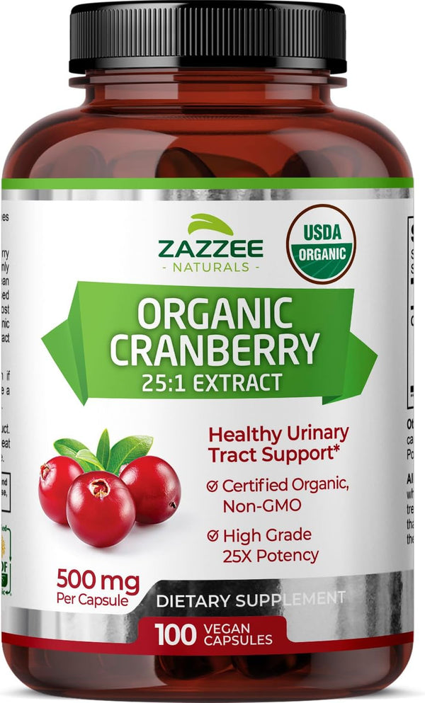 Zazzee USDA Organic Cranberry 25:1 Extract, 12,500 mg Strength, 100 Vegan Capsules, Certified Organic, Non-GMO