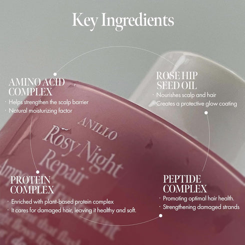 Rosy Night Repair Hair Ampoule Treatment - Protein, Peptide, Amino Acid Complex for Damaged & Dyed Hair, Musky Floral