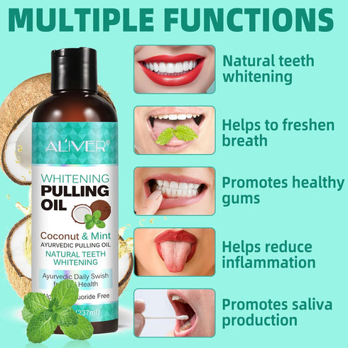 Coconut Pulling Oil 2Pack, Mint Oil Pulling Mouthwash with Tongue Scraper for Teeth Whitening and Fresh Breath
