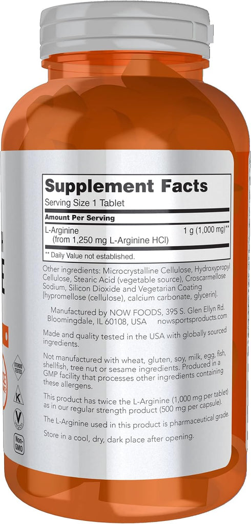 NOW Foods L-Arginine Double Strength 1000mg, Nitric Oxide Precursor, Amino Acids, 180 Tablets