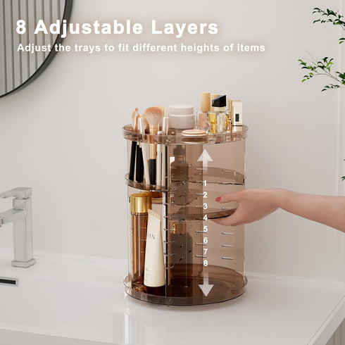 Rotating Makeup Organizer for Countertop, DIY Adjustable Trays Spinning Skincare Organizers with Brush Holder
