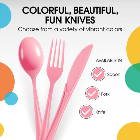 Exquisite Disposable Pink Plastic Knives, 50 Pcs Heavy Duty Cutlery, Pink Disposable Flatware for Parties