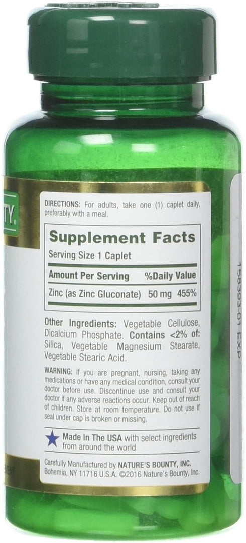 Nature's Bounty Zinc 50 mg Caplets, 100 Count