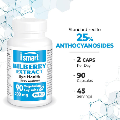 SuperSmart Bilberry Extract - High Strength 25% Anthocyanin Supplement for Eyes, Non-GMO & Gluten Free, 90 Vegetarian