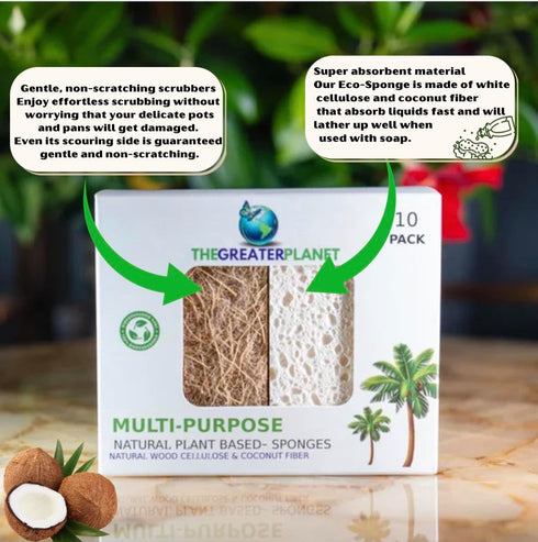 THE GREATER PLANET Natural Kitchen Sponges: Eco Friendly Multipurpose Wood Cellulose Scrub Sponges, 10 Pack