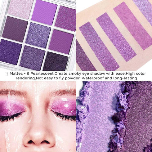 evpct 9 Colors Eye Shadow Palette, Purple Pink Lavender Glitter Shimmer Matte, Highly Pigmented Waterproof