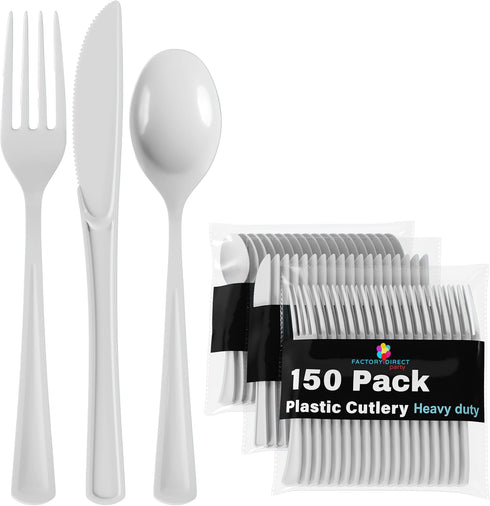 150 Pack White Plastic Cutlery Set, Heavy Duty Disposable Plastic Utensil Sets for Party Supplies