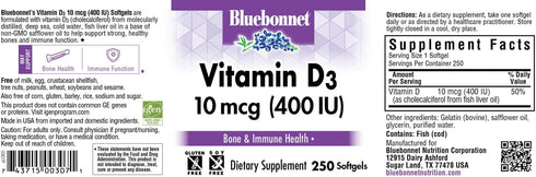 Bluebonnet Nutrition Vitamin D3 400 IU Softgels, Aids in Muscle and Skeletal Growth, Cholecalciferol from Fish Oil, Non GMO, Gluten Free, Soy Free, Dairy Free, 250 Softgels