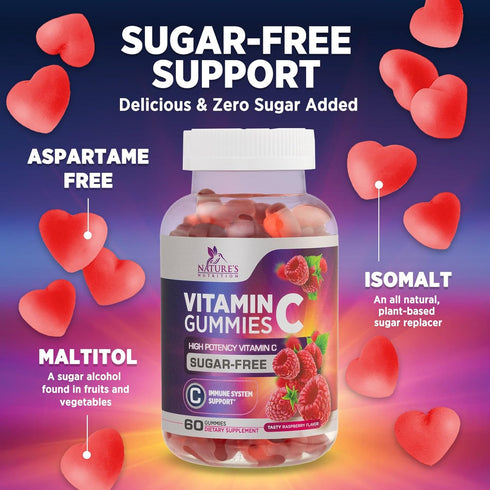 Zero Sugar Vitamin C Gummies - Immune Support & Antioxidant Dietary Supplement, Raspberry Flavor, 60 Count