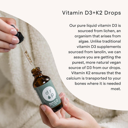 Vitamin D3 + K2 Drops - 1000 IU Plant Based D3 and 45 mcg K2 Liquid Supplement for Bone Strength