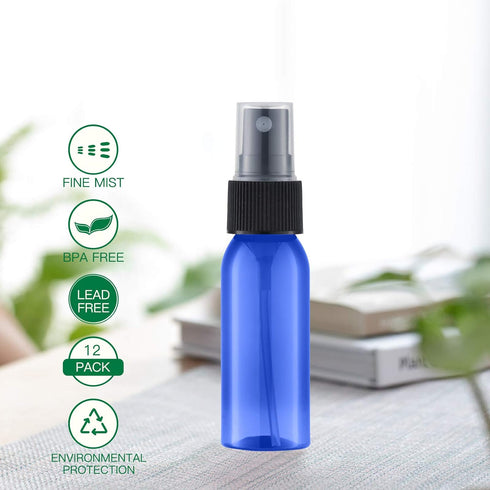LISAPACK 1oz Small Plastic Blue Spray Bottle (12 Pack) - Empty Mini Fine Mist Travel Size Atomizer for Little Perfume,