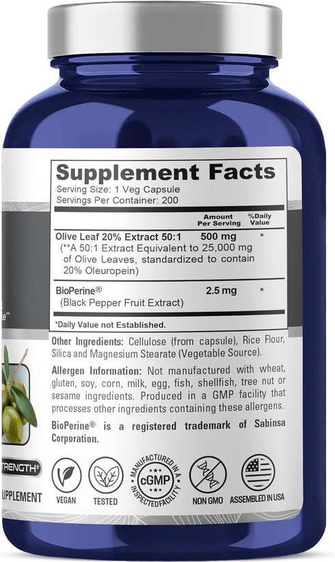 NusaPure Olive Leaf 20% Oleuropein 50:1 Extract, 500 mg Equivalent to 25,000 mg, 200 Veg Caps, Suitable for Vegetarians