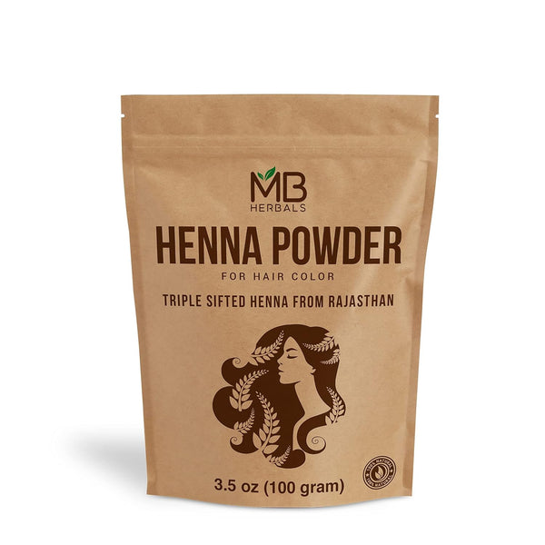 MB Herbals 100% Pure & Natural Henna Powder, 100 Grams / 3.5 oz for Hair Color, Natural Orange-Red Hair Color, Triple
