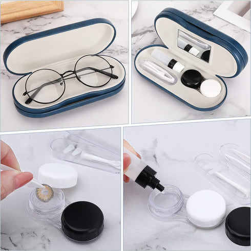MoKo Double Eyeglass Case - Contact Lens Holder with Mirror & Tweezers, Portable Storage Kit for Men & Women, Blue