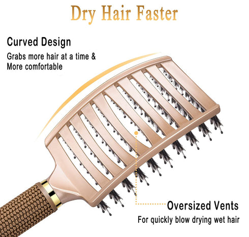 KTKUDY Gold Detangling Brush, Boar Bristles Hairbrush for Wet and Dry Hair, Pain-Free Knot Removal
