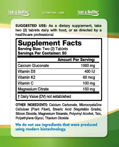 Olympian Labs Green Calcium Tablets, 100 Count - Formulated with K2 & D3 for Healthy Bones & Teeth