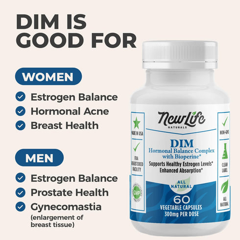 NewLife Naturals DIM Supplement 300mg for Women & Men - Hormonal Balance Pills, Estrogen Level Support - 60 Day Supply