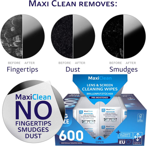 Maxi Clean 600 Glasses Wipes Lens Cleaner - Lens Wipes for Eyeglasses - Pre-moistened Individually Wrapped Wipes