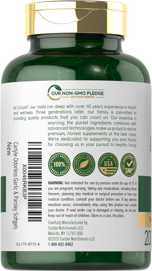 Carlyle Odorless Garlic & Parsley 1800mg - 200 Softgels, Non-GMO, Gluten Free Supplement