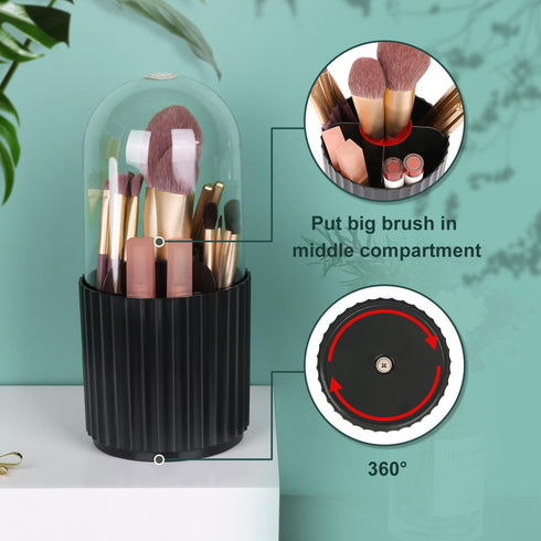 JessLab Makeup Brush Holder Organizer with Lid, 360 Degree Rotatable Spinning Cosmetics Storage Box for Bathroom
