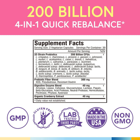 Terranics Daily Probiotics for Women, 200 Billion 32 Strains with Cranberry, Prebiotics & Enzymes, 60 Vegan Caps