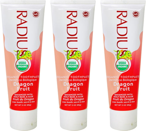 RADIUS USDA Organic Kids Toothpaste 3oz Non Toxic Gluten-Free for Children's Gum Health - Dragon Fruit - Pack of 3