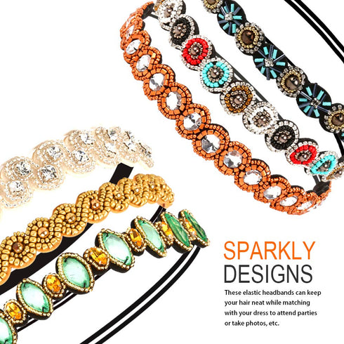 Teenitor 6pcs Rhinestone Beaded Headband, Multicolor Elastic Jewelry Hair Bands for Women & Girls