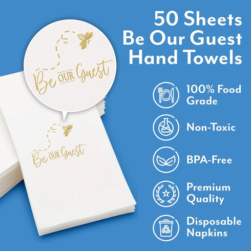 Disposable Hand Towels - Guest Towels with Be Our Guest Housewarming Message, White Airlaid Paper, Pack of 50