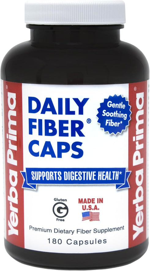 Yerba Prima Daily Fiber Caps, 180 Capsules, Soluble & Insoluble Dietary Fiber Supplement for Gut Health