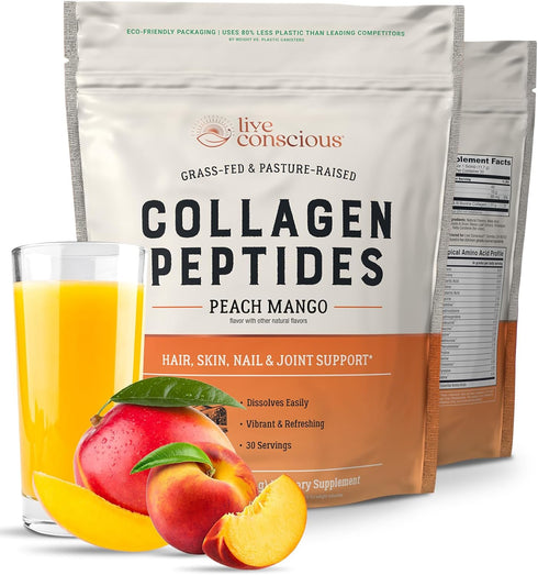 Live Conscious Collagen Peptides Powder - Peach Mango Flavored for Hair, Skin, Nail, & Joint Support, 30 Servings