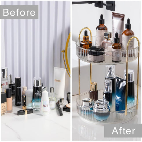Rotating Makeup Organizer (2 Tier, Clear) - High-Capacity Skincare Storage for Vanity and Countertop