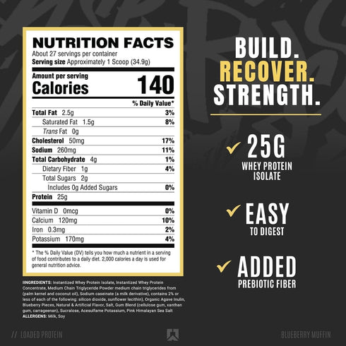 RYSE Up Supplements Loaded Protein Powder - 25g Whey Protein Isolate, Low Carbs & Sugar, 27 Servings (Blueberry Muffin)