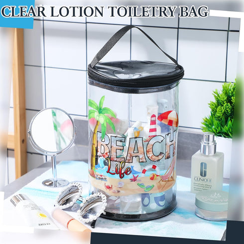 Sanwuta Beach Theme Clear Lotion Toiletry Bag, Travel Makeup Case, Waterproof PVC Cosmetic Bag with Handle, Zipper
