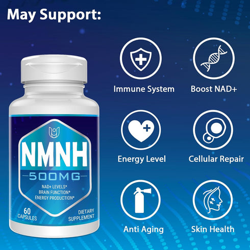 NMNH (Dihydronicotinamide Mononucleotide), 500mg NAD Supplement to Boost NAD+ Levels for Anti Aging, Energy, Focus - 60