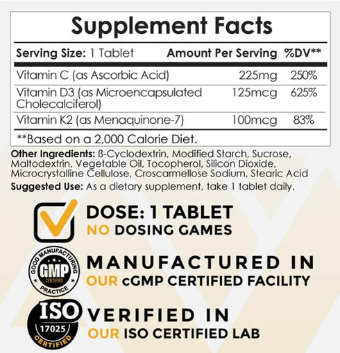 Nootropics Depot Vitamin D3 + K2 with Vitamin C Tablets | 365 Count | 125µg | Year Supply