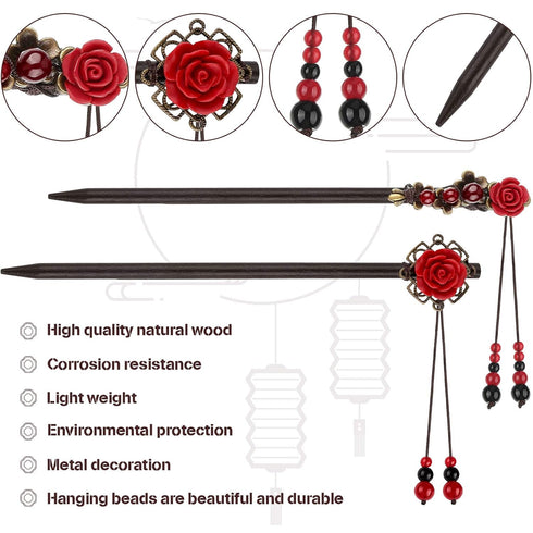 WILLBOND 2 Pieces Chinese Wooden Hair Sticks, Retro Hairpins, Japanese Classic Chopsticks, Handmade Flower Hair