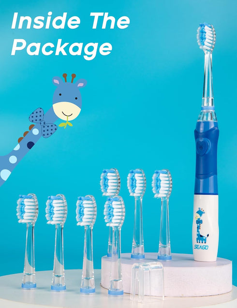 SEAGO Kids Electric Toothbrush with 2 Mins Timer and 8 Replacement Brush Heads, Rainbow LED Light, Blue