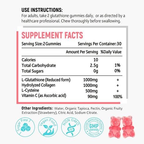 Glutathione Collagen Gummies with Cysteine for Women & Men, Glutathione Supplement for Hair Skin Nails Muscle & Joint, Vegan, Sugar Free, Non-GMO, Strawberry Flavor, 60 Count