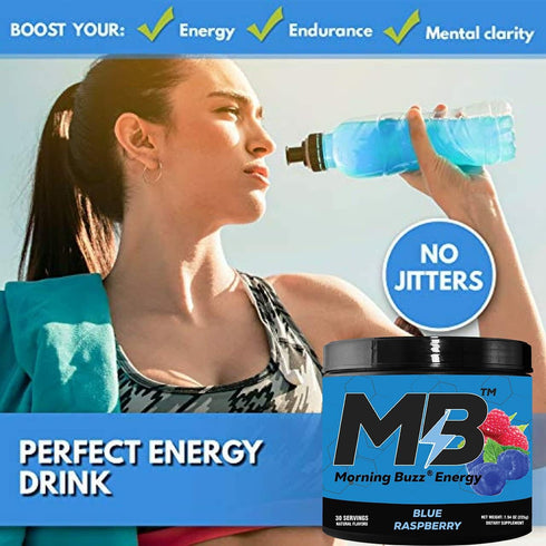 Morning Buzz Energy Drink Powder, Sugar-Free Energy Boost Drink Mix with Antioxidants, Blue Raspberry, 30 Servings, 8