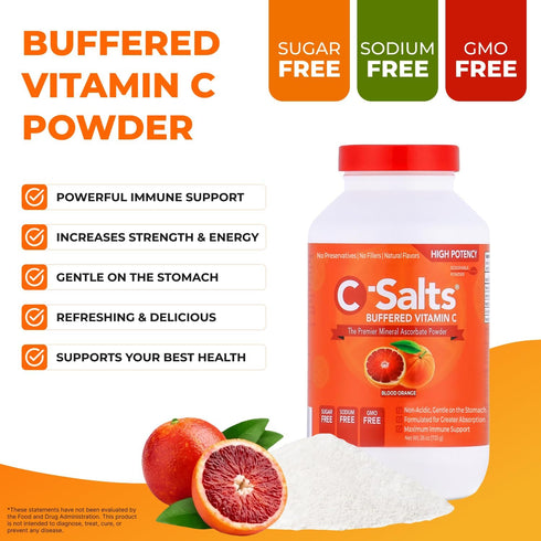 Buffered Vitamin C Powder Supplement - High Absorption Immune Support Drink, Blood Orange 26oz