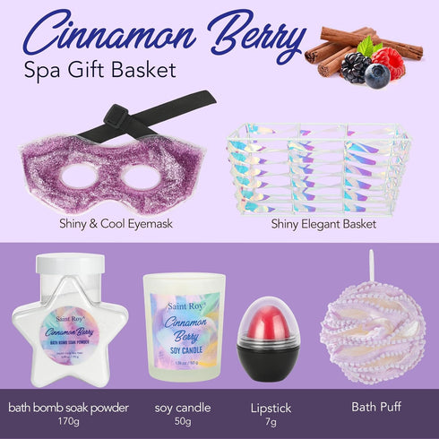 Shiny Gift Basket for Women - Cinnamon Berry Spa Gift Set, 10Pcs Bath and Body Gift Set for Birthday