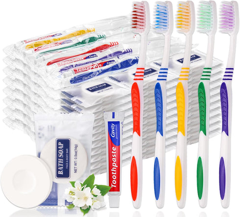 50 Set Disposable Toothbrushes with Toothpaste and Soap, Individually Wrapped, 50 pcs Toothbrushes, 5 Colors
