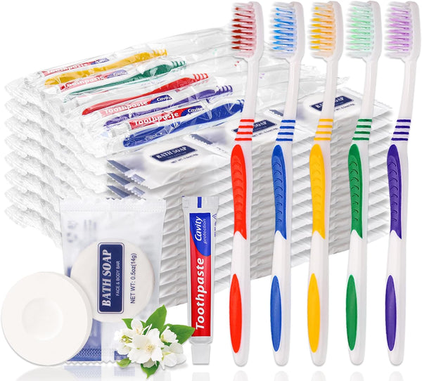 50 Set Disposable Toothbrushes with Toothpaste and Soap, Individually Wrapped, 50 pcs Toothbrushes, 5 Colors