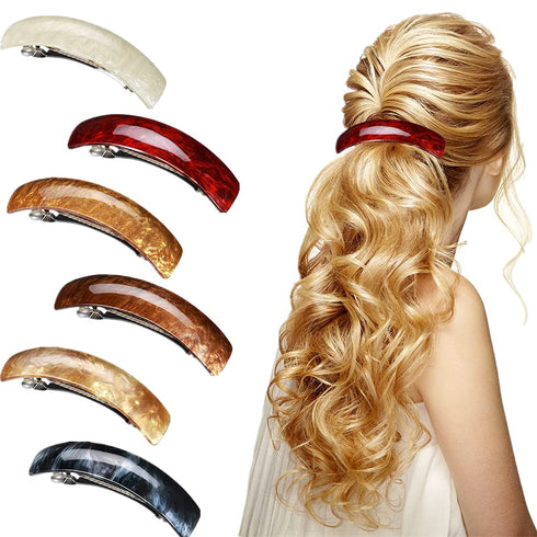 Retro Acrylic Hair Clips Set - 6 Large Automatic Barrettes and Clasps for Thick Hair in 6 Colors for Women and Girls