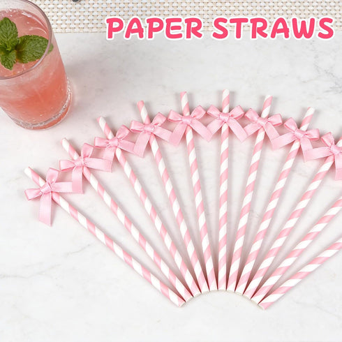 Psiriol 30pcs 7.7inch Pink Bow Straw, Pink Paper Straws, Disposable Cute Paper Straw, Wedding, Picnic, Birthday, Party