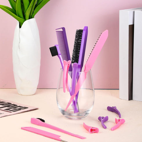 12 Pieces Hair Brush Set, Nylon Teasing Brushes and Combs for Women Girls (Pink, Purple)