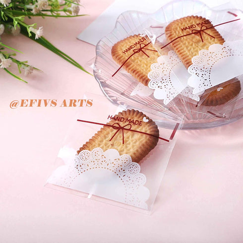200pcs 5.5x5.5in Lovely Lace Bowknot Clear Biscuit Roasting Treat Present DIY Plastic Candy Wrappers
