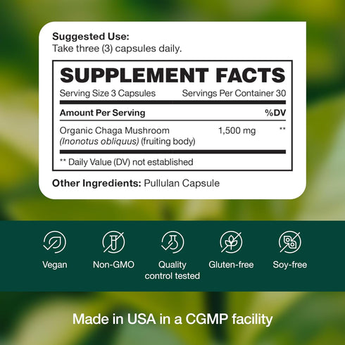 Organic Chaga Mushrooms - Strongest DNA Verified 1500mg Per Serving, Non-GMO, Gluten & Soy Free, Vegan Friendly