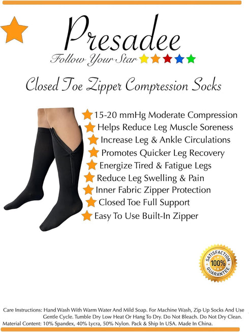 Closed Toe 15-20 mmHg Moderate Compression Leg Circulation Socks (Black, S/M)